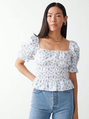 & Other Stories Smocked Floral Puff Sleeve Cotton Blouse Top White Blue 0